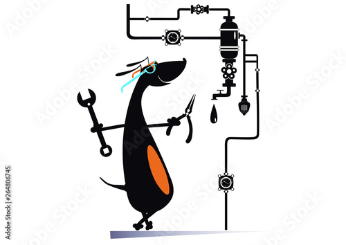 Comic mechanic dog repairs pipe construction illustration. Cute dachshund repairs pipe construction using a big spanner and combination pliers isolated on white