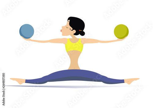 Woman with lithe figure does exercises with the balls vector illustration. Young woman does exercises with the balls in both hands isolated on white illustration