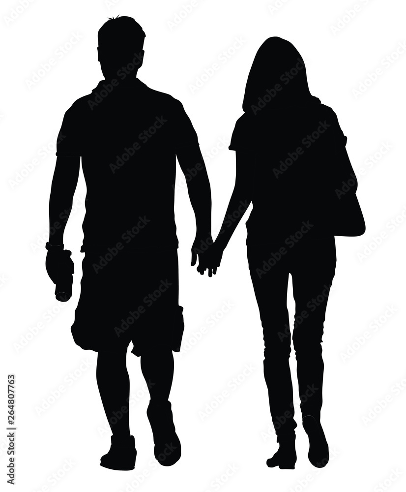 Young couple in love walking around and holding hands vector silhouette illustration. Happy couple walking. Boy and girl tenderness. Happy lovers outdoor enjoy.