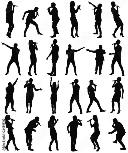 Popular singer super star vector silhouette isolated on white. Attractive music artists on stage big group. Singer woman, girl against public on concert event. Man sing karaoke. Rock and roll party.