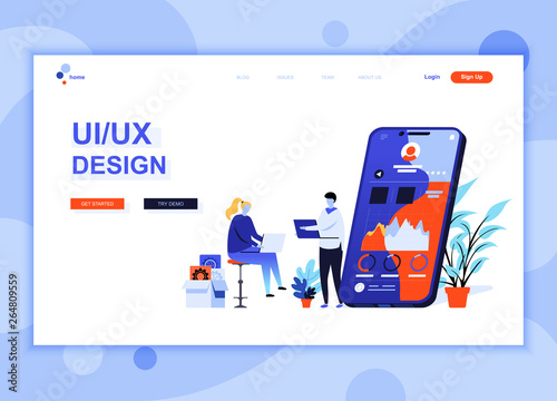 Modern flat web page design template concept of UX, UI Design decorated people character for website and mobile website development. Flat landing page template. Vector illustration.