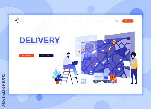 Modern flat web page design template concept of Worldwide Delivery decorated people character for website and mobile website development. Flat landing page template. Vector illustration.