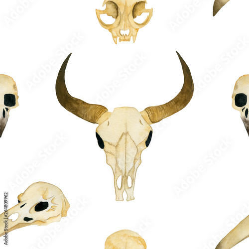 Seamless watercolor illustration. Animal skulls. The skull of a bull, the skull of a cat, the skull of a crow.