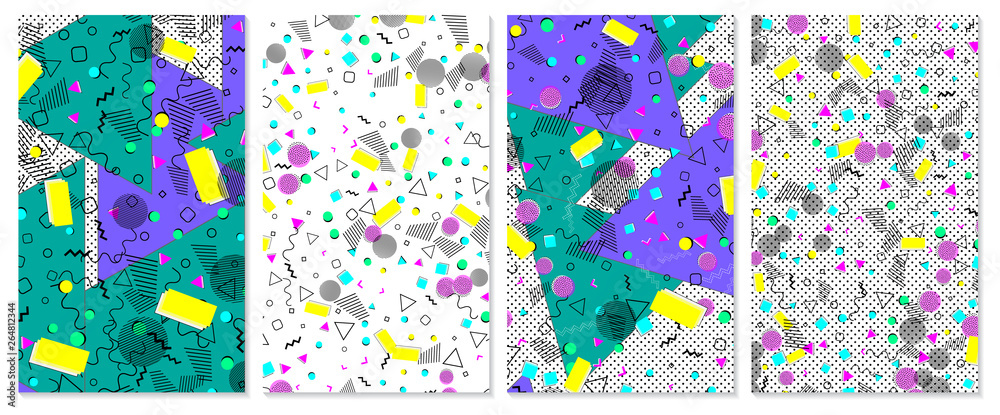 Set of memphis pattern. Pop art color background.