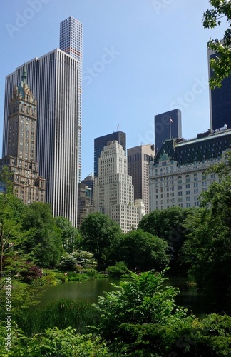 Skyline view from The Pond in Central Park - an urban park in Manhattan  New York City.