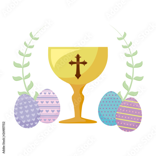 chalice with eggs of easter and flowers