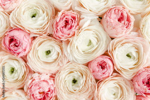 Fotografie, Obraz Bouquet, texture of pink ranunculus and rose flower buds close up