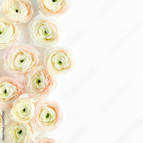 Fototapeta Naklejka Na Ścianę i Meble -  Floral background texture made of pink ranunculus flower buds on white background.  Flat lay, top view floral background.