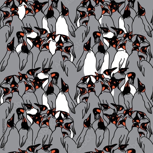 Seamless pattern with imperial penguins. Penguins in different poses. Drawing by hand, sketch. Pattern with animals.