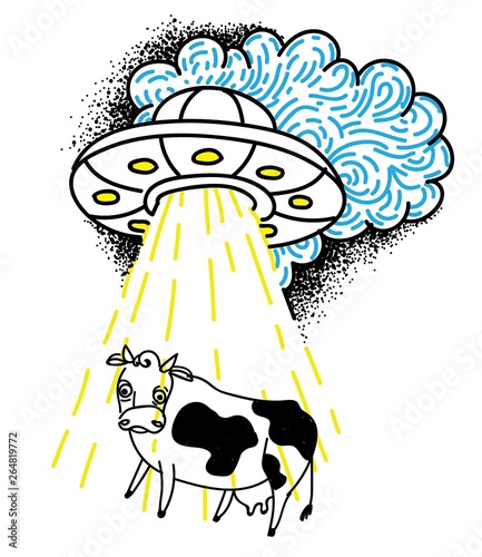 The cow is kidnapped by a UFO. Funny drawing, childish, funny. Drawing by hand.
