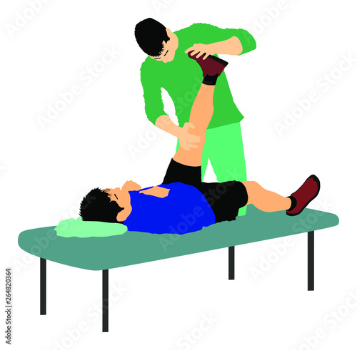 Physiotherapist and patient exercising in rehabilitation center, vector illustration. Doctor supports sportsman during physiotherapy treatment. Physical exercises massage and chiropractic. Healthcare.