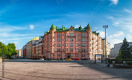 Beautiful architecture in Agricolankatu Street, Kallio district -historical center of Helsinki, Finland. Sunset time