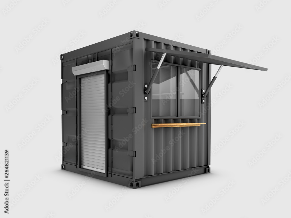 Converted old shipping container into cafe, 3d Illustration isolated gray Converted old shipping container into cafe, 3d Illustration isolated gray