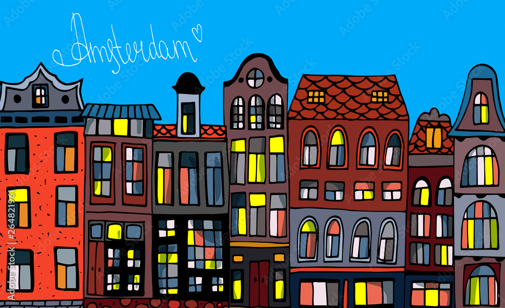 Set Amsterdam old houses cartoon facades. Traditional architecture of Netherlands. Colorful vector illustrations in the Dutch style.