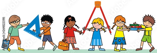 Happy kids and school supplies. Group of girls and boys. Vector icon.
