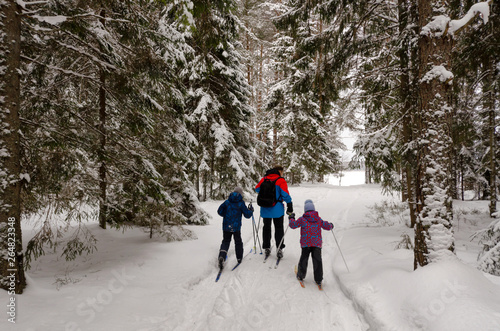 A man and two children go skiing in the winter forest. The viewer sees people from the back. In the distance you can see the exit from the forest. Winter time. The trees are covered with snow.