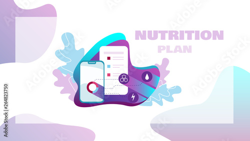 Nutrition plan with icons for calorie, carbohydrates, fats, proteins. Healthy eating and technology concept. Header or footer banner template with copy space.