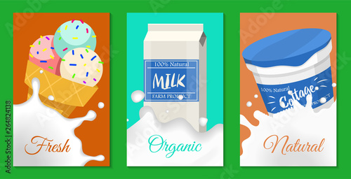 Fresh dairy products concept set of banners, cards vector illustration. Organic, quality food. Great taste and nutritional value. Farm animal milk, ice cream and cottage cheese.