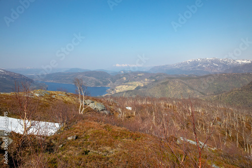 Spring mountain landscape with lake and trees in Northern Norway