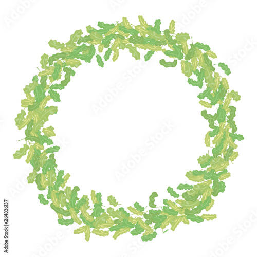 Round thick multilayer vector wreath of oak leaves of different shades isolated object on a white background.