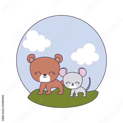 cute bear with mouse in landscape