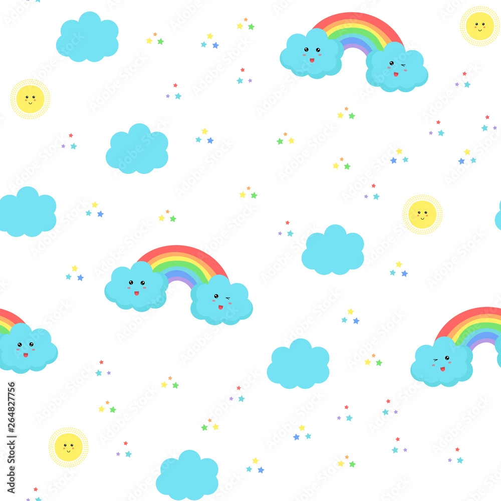 Vector kids pattern with cute clouds, rainbows, sun and stars. Vector kids pattern with cute clouds, rainbows, sun and stars.
