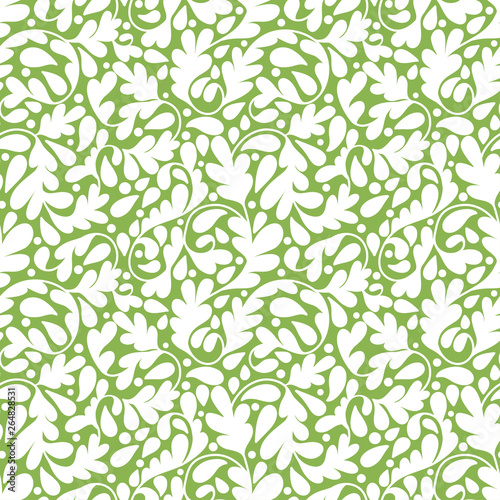 Green and white vector leaf seamless pattern. Vintage ornament. Paisley elements. Great for fabric, invitation, flyer, menu, brochure, background, wallpaper, decoration, packaging or any desired idea.
