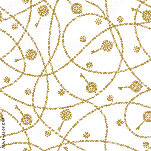 White and gold chains vector seamless pattern with keys. Elegant classic texture. Luxury ornament. Traditional,Turkish, Indian motifs. Great for fabric and textile, wallpaper, packaging.