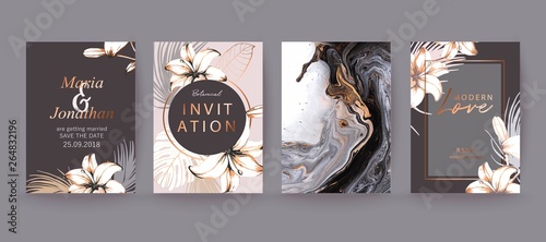 Black, white and gold marble texture card. Floral, lilies decorative bouquet with palm leaves.