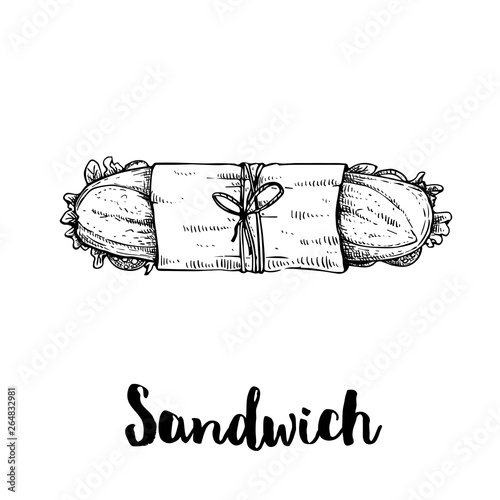 Long sandwich with ham, bacon, lettuce, tomato and cucumber slices. Top view. Submarine sandwich in paper package and twine. Hand drawn sketch style illustration of street or fast food. 