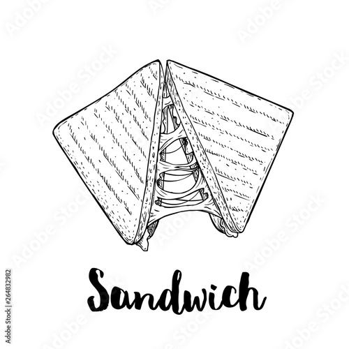 Sandwich with melted cheese. Grilled fast or street food. Lunch restaurant menu. Hand drawn sketch style illustration isolated on white background.