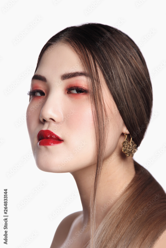 Portrait of young beautiful asian girl with long hair and red lipstick Portrait of young beautiful asian girl with long hair and red lipstick