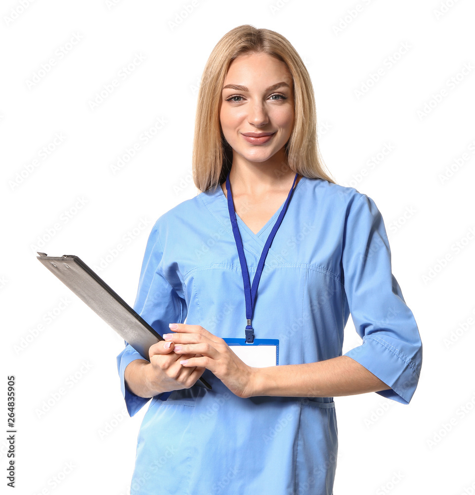 Female medical assistant on white background Female medical assistant on white background