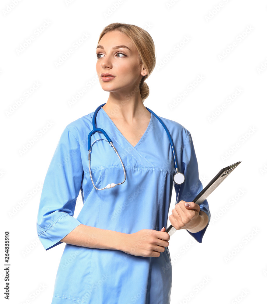 Female medical assistant on white background Female medical assistant on white background