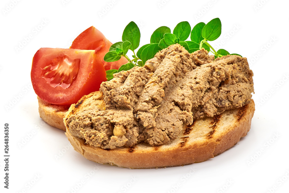 Toasted bread with homemade liver pate, sandwich, close-up, isolated on white background Toasted bread with homemade liver pate, sandwich, close-up, isolated on white background