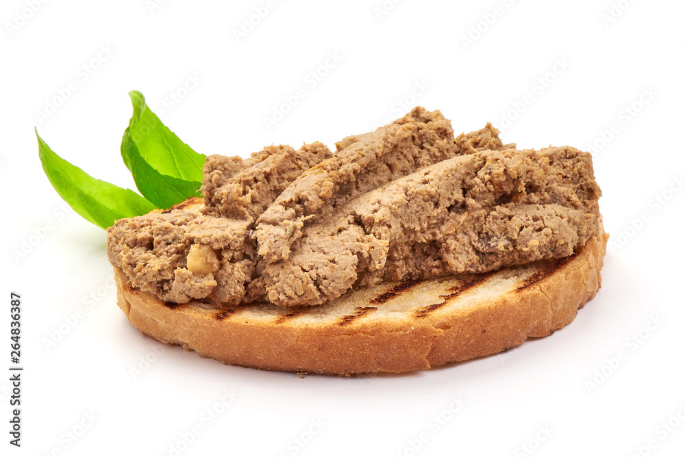 Toasted bread with homemade liver pate, sandwich, close-up, isolated on white background Toasted bread with homemade liver pate, sandwich, close-up, isolated on white background