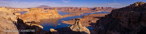 Lake Powell Arizona and Utah USA. Sweeping panoramic vista of Scenic Lake Powell from above the buttes and water at sunset near Page AZ.