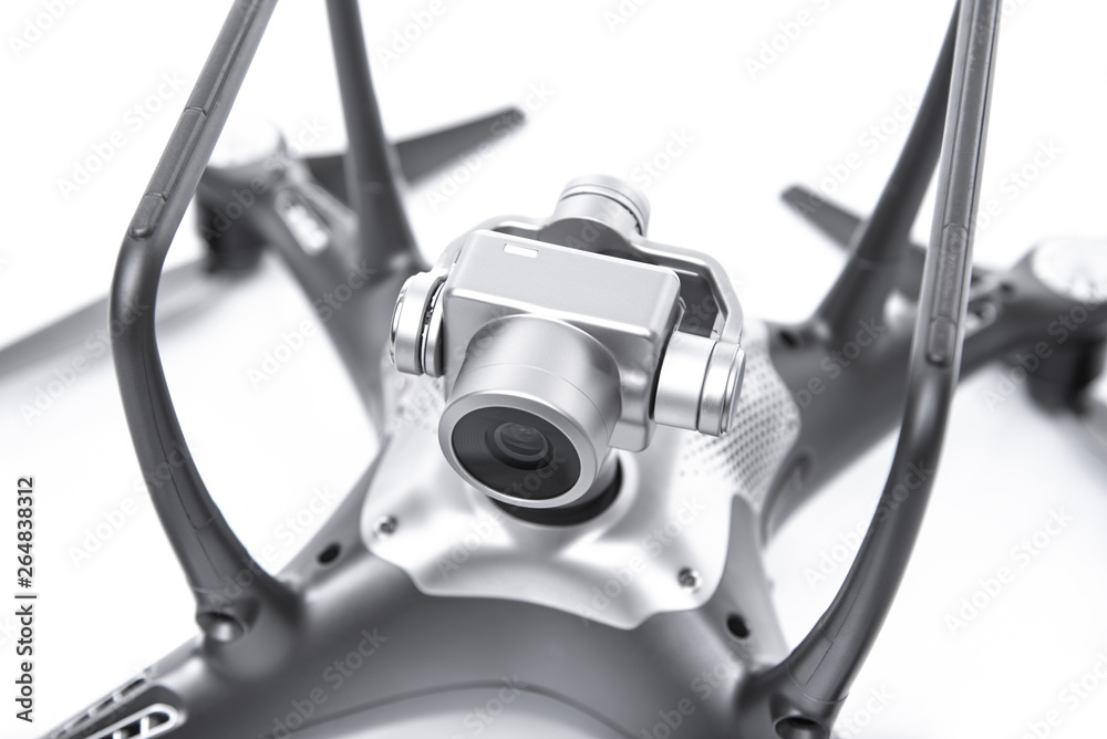 Black drone with camera on white background. Black drone with camera on white background.