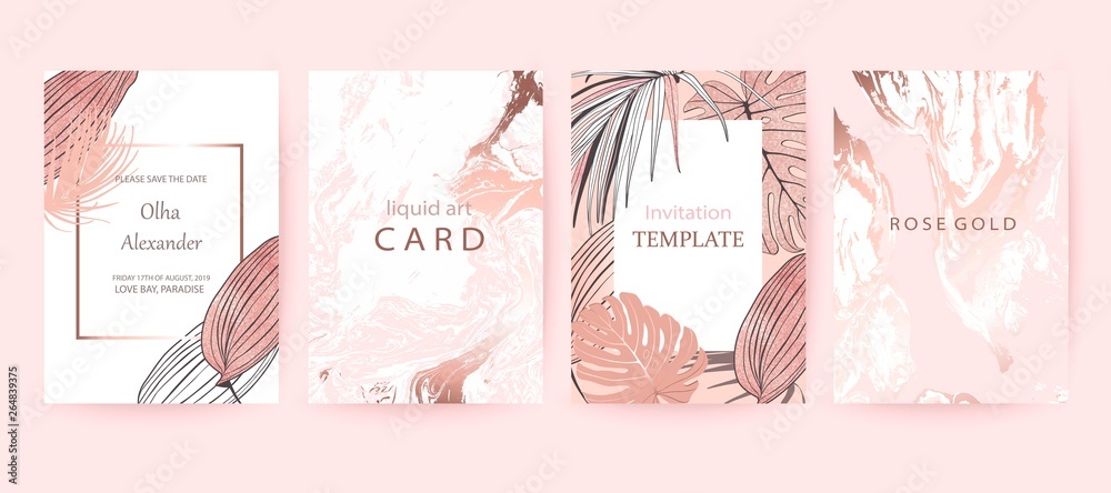 Set of elegant chic brochure, covers, cards with exotic palm leaves, rose gold texture. Wedding, save the date design.