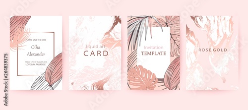 Set of elegant chic brochure, covers, cards with exotic palm leaves, rose gold texture. Wedding, save the date design.