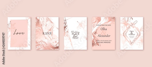 Rose gold marble texture card. Floral, lilies bouquet wedding invitation design. Liquid art background.