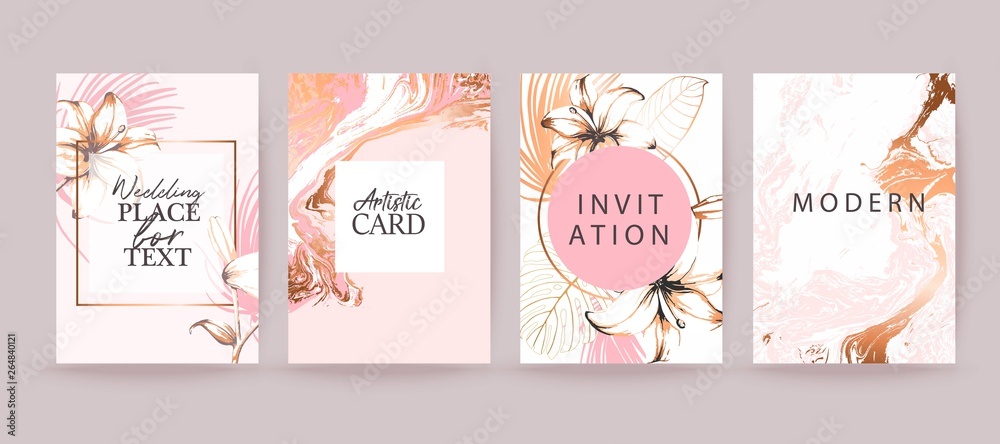 Rose gold marble texture card. Floral, lilies decorative bouquet with palm leaves.