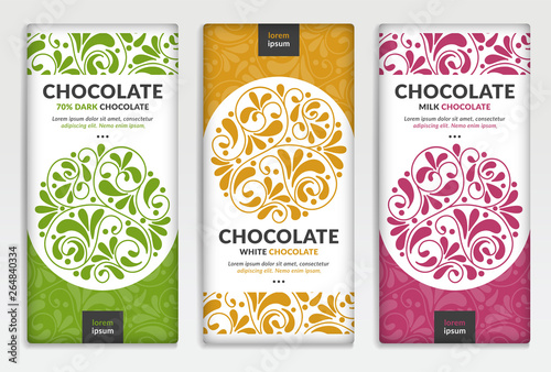 Colorful packaging design of chocolate bars. Vintage vector ornament template. Elegant, classic elements. Great for food, drink and other package types. Can be used for background and wallpaper.