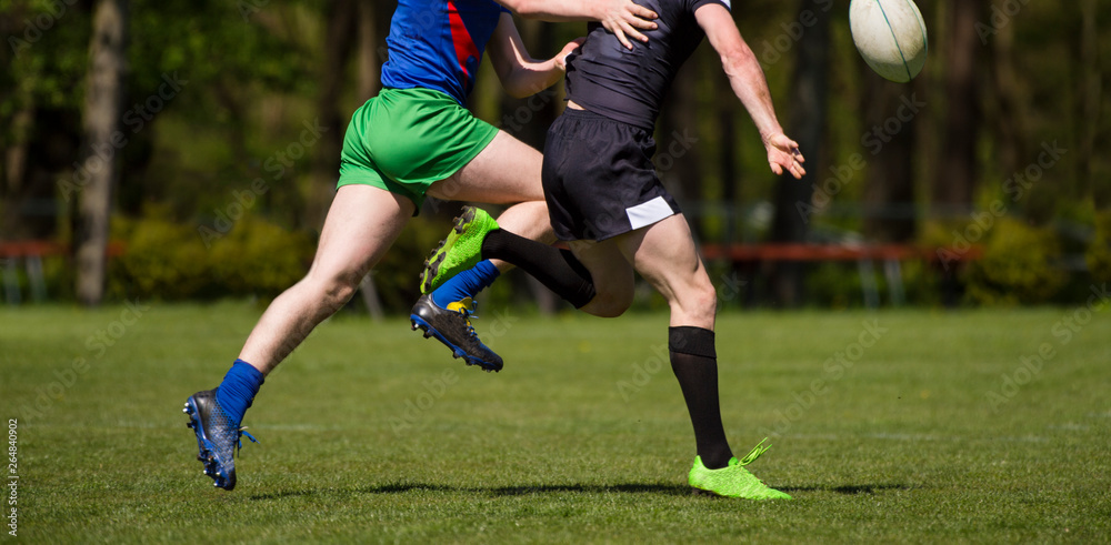 Rugby players fight for the ball on professional rugby stadium Rugby players fight for the ball on professional rugby stadium