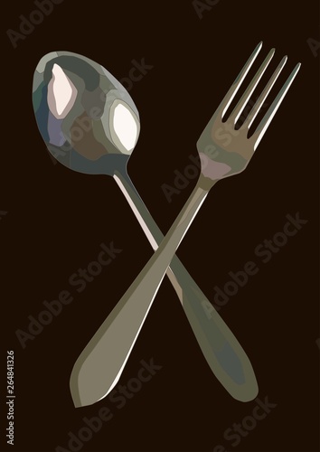 crossed fork and spoon serving set,realistic vector art isolated in brown