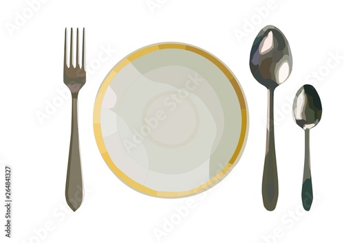 fork, plate and two spoons serving set,realistic vector art isolated in white