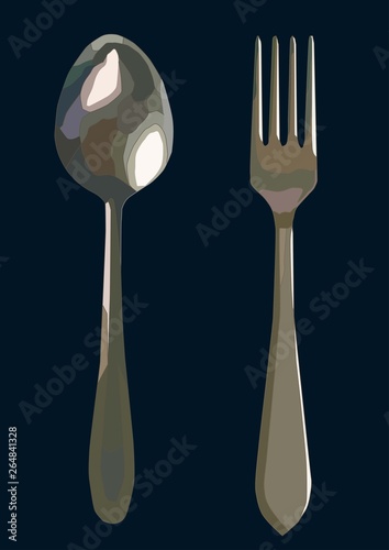 fork and spoon serving set,realistic vector art isolated in blue