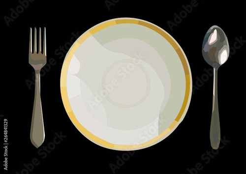 fork, plate and spoon serving set,realistic vector art isolated in black