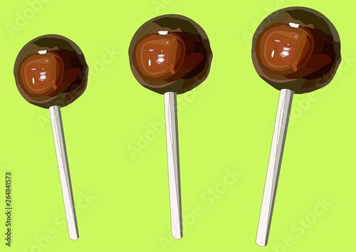 three realistic chocolate lollipops vector art on a green background