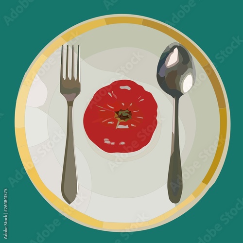 realistic silver fork and spoon on a plate with tomato